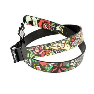 Ed Hardy Men's Black Grey Reversible Tattoo Print Belt Size 42 Bonded Leather NE